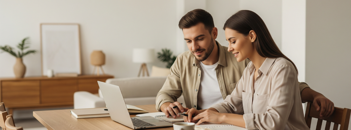 pareja mirando frente a un portatil con papeles cerca