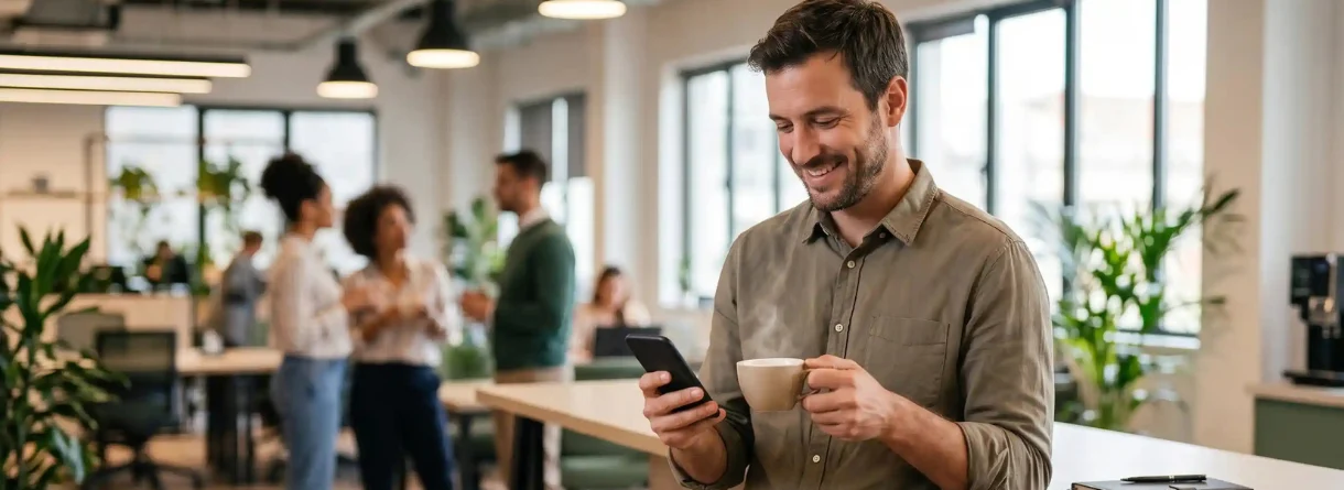 Profesional usando un teléfono inteligente para gestionar imprevistos y su agenda del día con tranquilidad. 